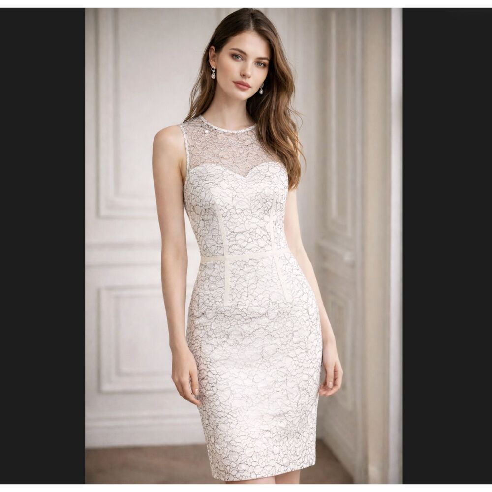 Jill Stuart Lace Sheath Dress 2 White Black Illusion Neck Cocktail Formal Bridal